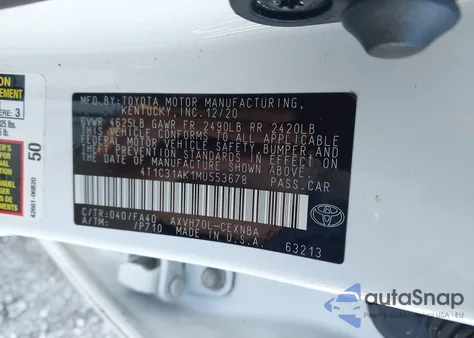 2021 Toyota Camry Le Hybrid z USA, uszkodzony, nr VIN 4T1C31AK1MU553678